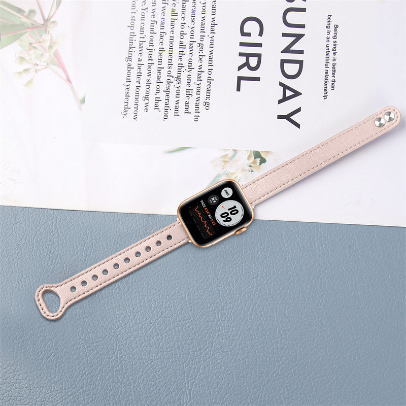 For Apple Watch Series 8 41mm Series 7 41mm Series 6 5 4 SE SE(2022) 40mm Series 3 2 1 38mm Genuine Cowhide Leather Watch Band Double Rivet Adjustable Replacement Strap with Rose Gold Connector