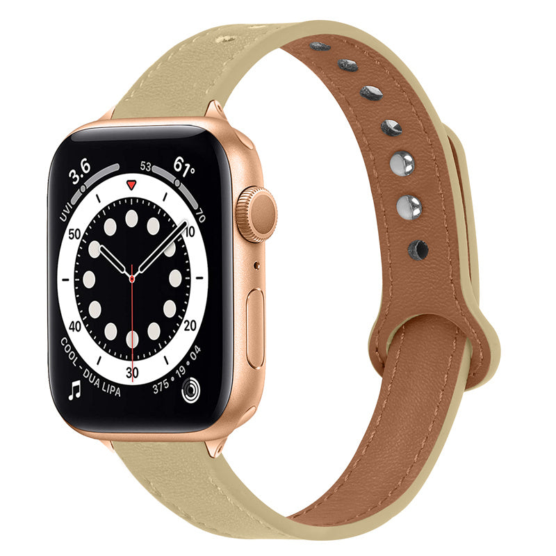 For Apple Watch Series 8 41mm Series 7 41mm Series 6 5 4 SE SE(2022) 40mm Series 3 2 1 38mm Genuine Cowhide Leather Watch Band Double Rivet Adjustable Replacement Strap with Rose Gold Connector