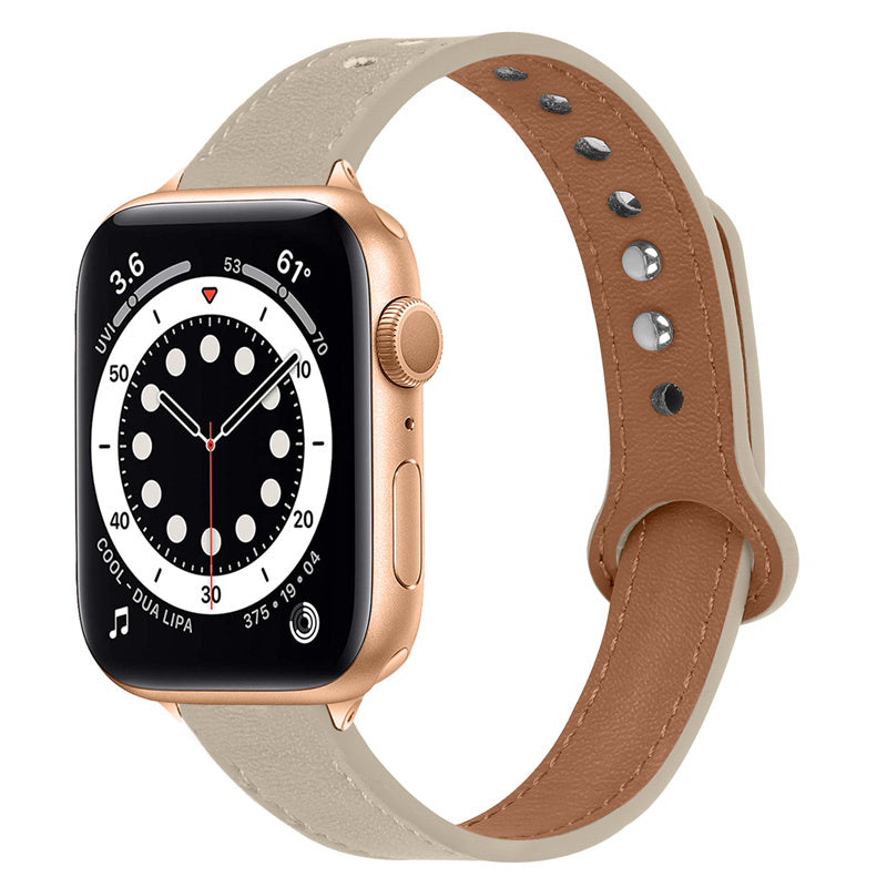 For Apple Watch Series 8 41mm Series 7 41mm Series 6 5 4 SE SE(2022) 40mm Series 3 2 1 38mm Genuine Cowhide Leather Watch Band Double Rivet Adjustable Replacement Strap with Rose Gold Connector