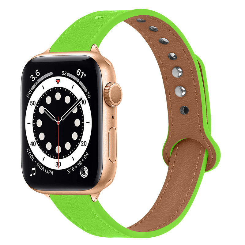 For Apple Watch Series 8 41mm Series 7 41mm Series 6 5 4 SE SE(2022) 40mm Series 3 2 1 38mm Genuine Cowhide Leather Watch Band Double Rivet Adjustable Replacement Strap with Rose Gold Connector