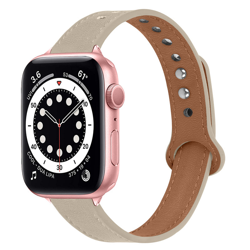 For Apple Watch Ultra 2 49mm Series 9 45mm SE (2023) 44mm Ultra 49mm 8 7 45mm 6 5 4 SE (2022) SE 44mm 3 2 1 42mm Genuine Leather Watch Strap Double Rivet Adjustable Wrist Band Rose Gold Connector