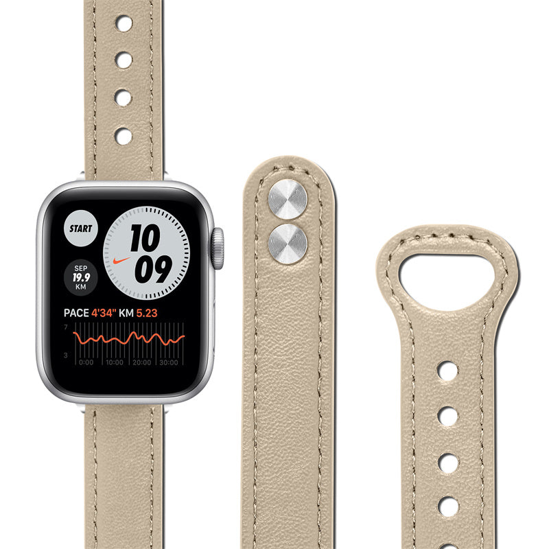 For Apple Watch Ultra 2 49mm Series 9 45mm SE (2023) 44mm Ultra 49mm 8 7 45mm 6 5 4 SE (2022) SE 44mm 3 2 1 42mm Genuine Cowhide Leather Watch Band Double Snap Button Replacement Strap Silver Connector