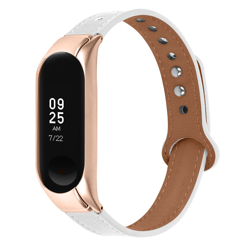 For Xiaomi Mi Band 5 6 Smart Watch Top Layer Cowhide Strap Replacement Wrist Band with Double Rivet Rose Gold Watch Case