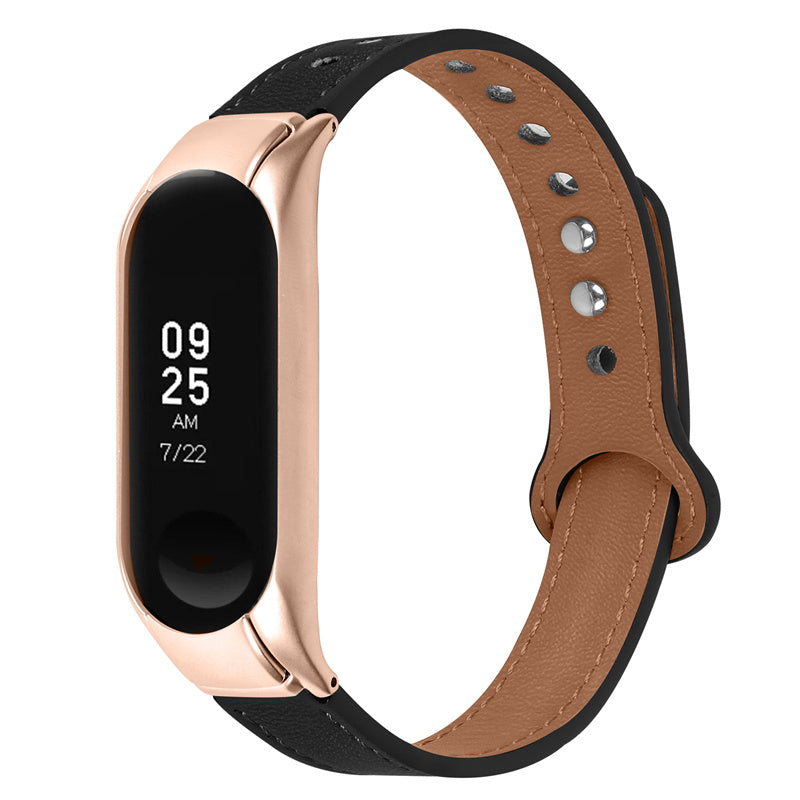 For Xiaomi Mi Band 5 6 Smart Watch Top Layer Cowhide Strap Replacement Wrist Band with Double Rivet Rose Gold Watch Case