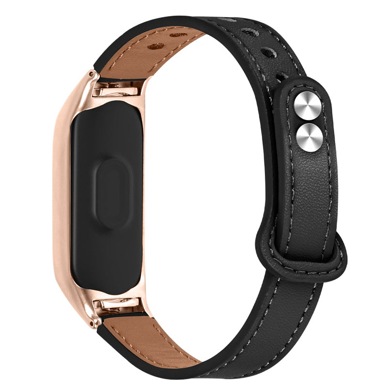 For Xiaomi Mi Band 5 6 Smart Watch Top Layer Cowhide Strap Replacement Wrist Band with Double Rivet Rose Gold Watch Case