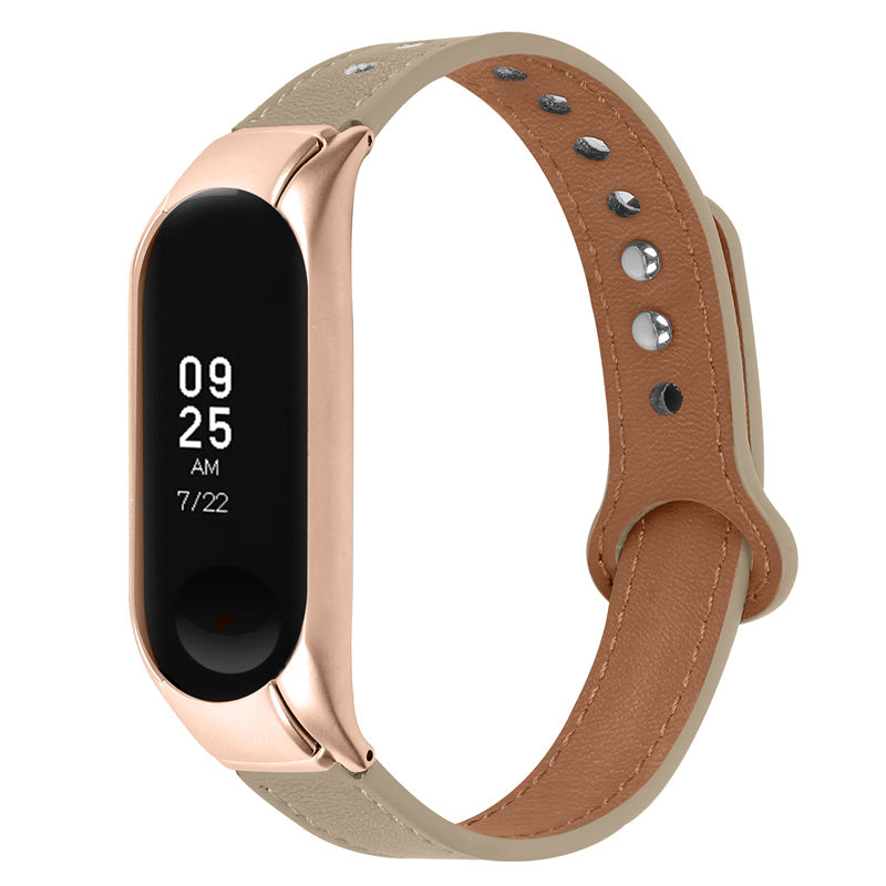 For Xiaomi Mi Band 5 6 Smart Watch Top Layer Cowhide Strap Replacement Wrist Band with Double Rivet Rose Gold Watch Case