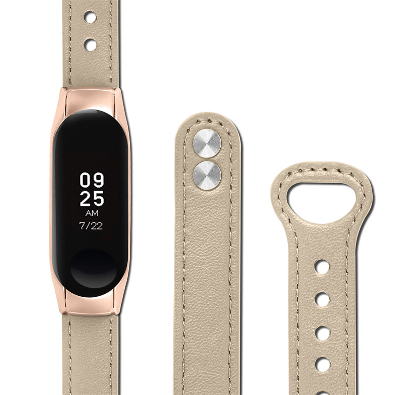For Xiaomi Mi Band 5 6 Smart Watch Top Layer Cowhide Strap Replacement Wrist Band with Double Rivet Rose Gold Watch Case