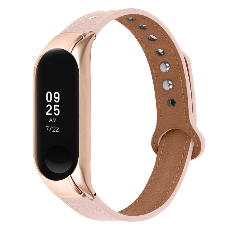 For Xiaomi Mi Band 5 6 Smart Watch Top Layer Cowhide Strap Replacement Wrist Band with Double Rivet Rose Gold Watch Case