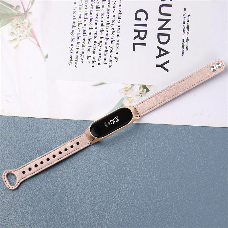 For Xiaomi Mi Band 5 6 Smart Watch Top Layer Cowhide Strap Replacement Wrist Band with Double Rivet Rose Gold Watch Case
