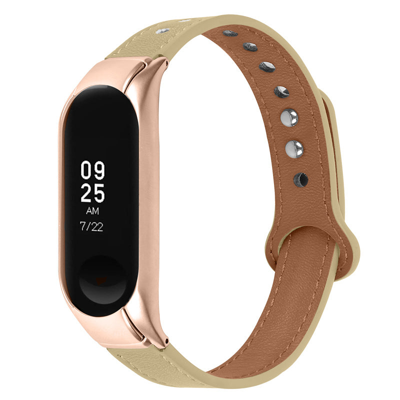 For Xiaomi Mi Band 5 6 Smart Watch Top Layer Cowhide Strap Replacement Wrist Band with Double Rivet Rose Gold Watch Case