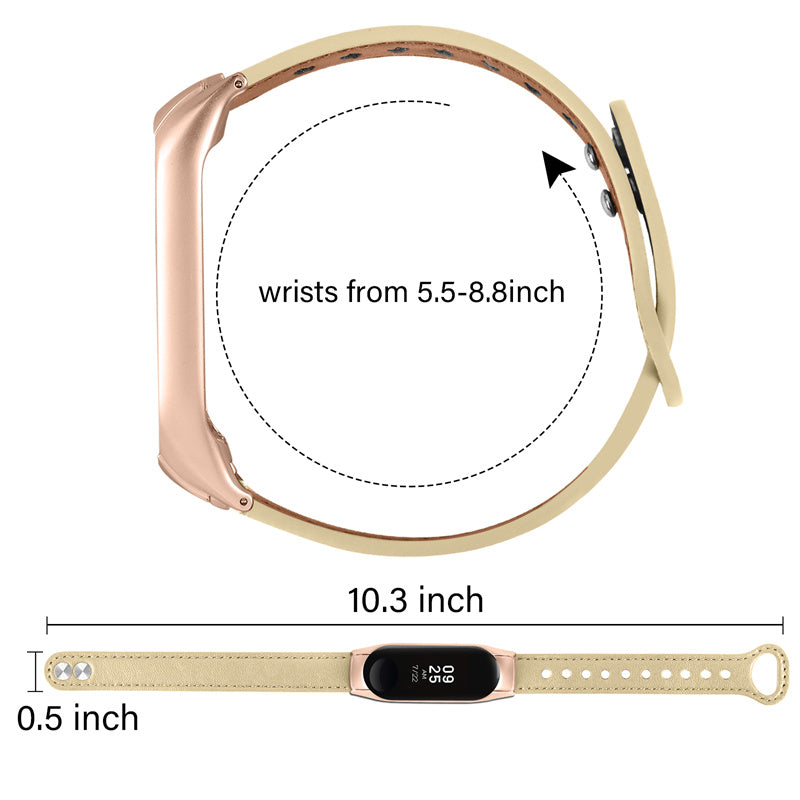 For Xiaomi Mi Band 5 6 Smart Watch Top Layer Cowhide Strap Replacement Wrist Band with Double Rivet Rose Gold Watch Case
