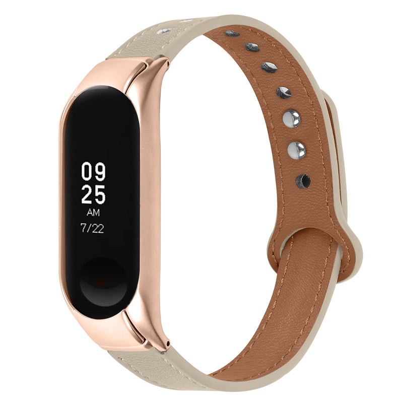 For Xiaomi Mi Band 5 6 Smart Watch Top Layer Cowhide Strap Replacement Wrist Band with Double Rivet Rose Gold Watch Case