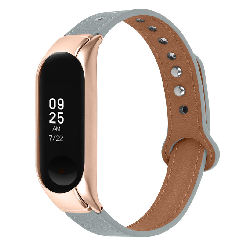 For Xiaomi Mi Band 5 6 Smart Watch Top Layer Cowhide Strap Replacement Wrist Band with Double Rivet Rose Gold Watch Case