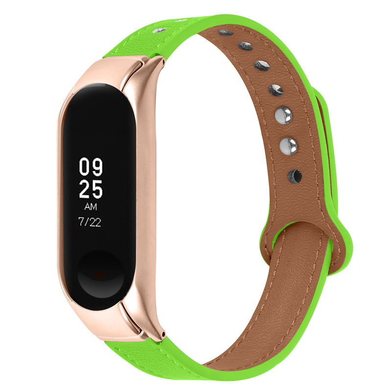 For Xiaomi Mi Band 5 6 Smart Watch Top Layer Cowhide Strap Replacement Wrist Band with Double Rivet Rose Gold Watch Case