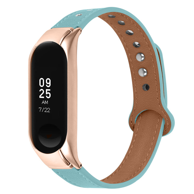 For Xiaomi Mi Band 5 6 Smart Watch Top Layer Cowhide Strap Replacement Wrist Band with Double Rivet Rose Gold Watch Case