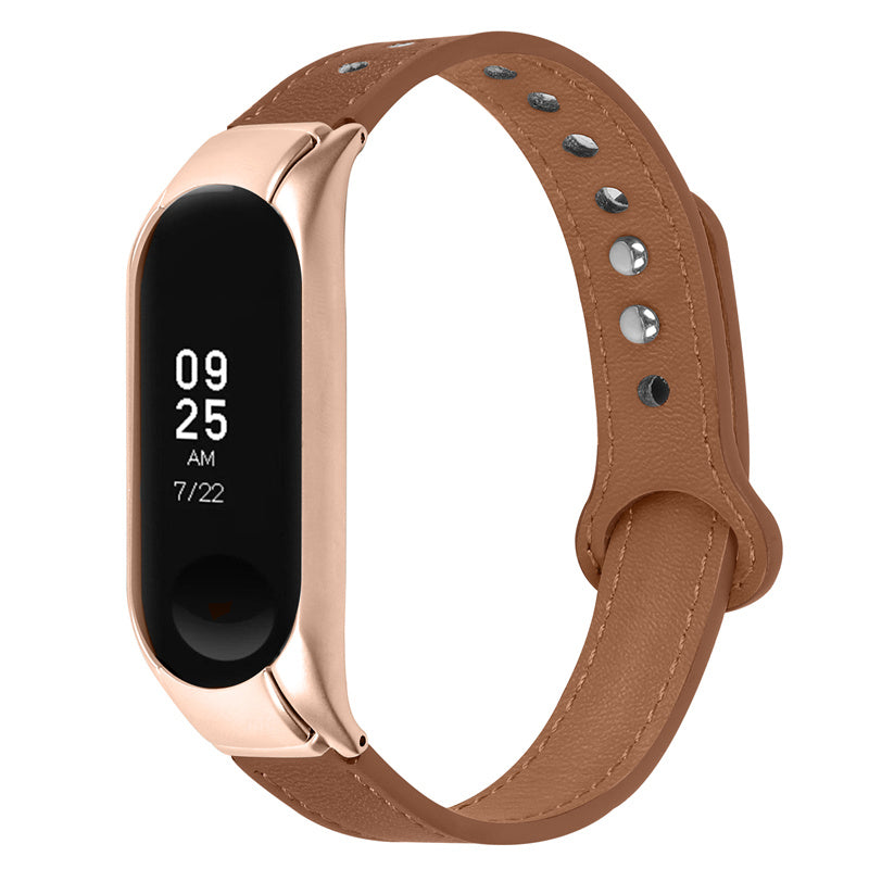 For Xiaomi Mi Band 5 6 Smart Watch Top Layer Cowhide Strap Replacement Wrist Band with Double Rivet Rose Gold Watch Case