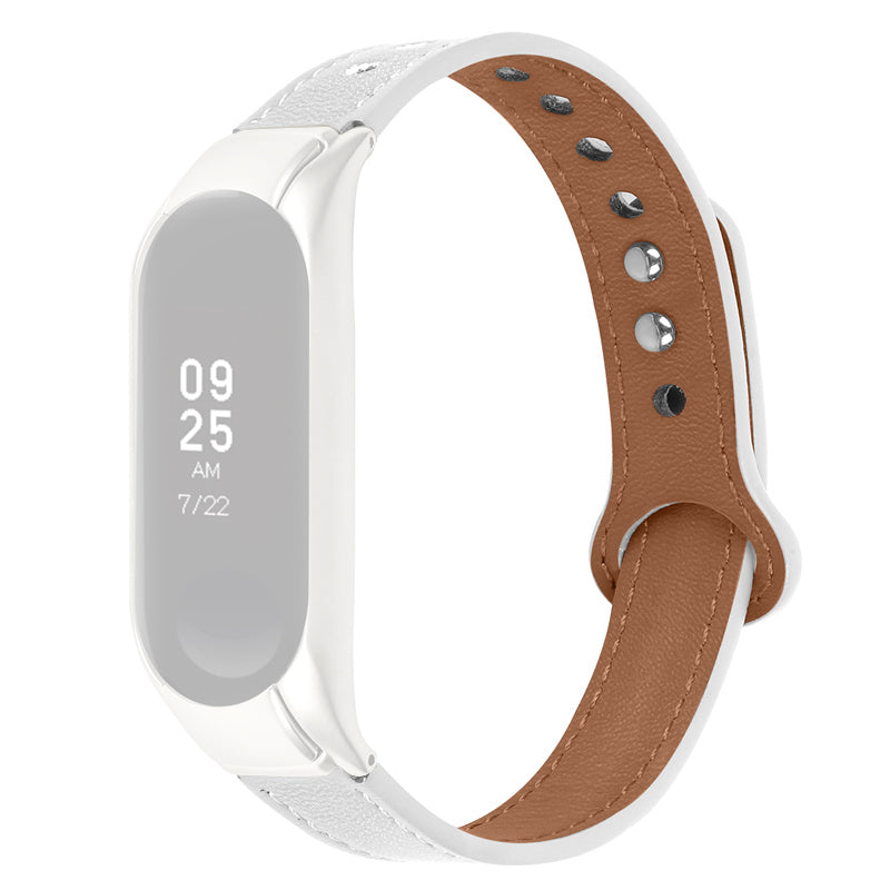 For Xiaomi Mi Band 7 Top Layer Cowhide Replacement Strap Adjustable Wrist Band with Double Rivet Rose Gold Watch Case
