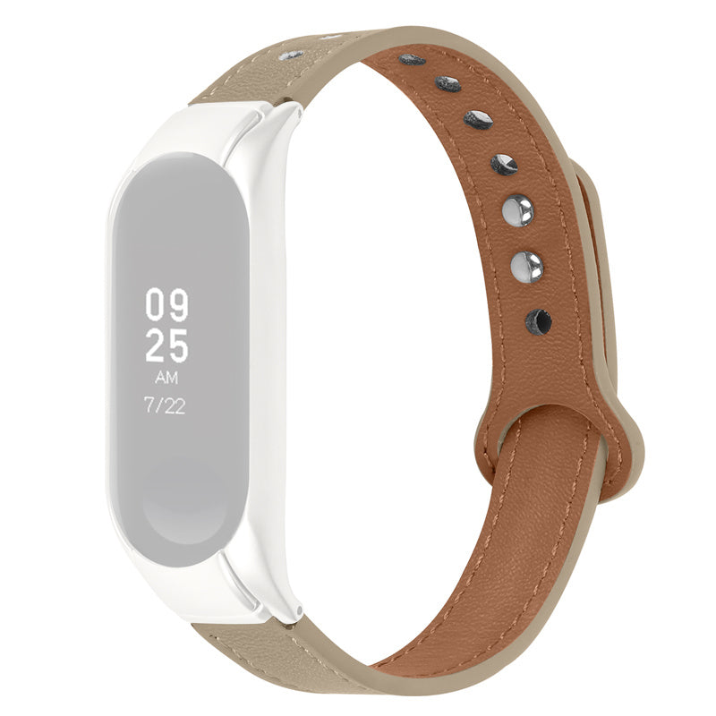 Top Layer Cowhide Strap for Xiaomi Mi Band 3 4 Double Rivet Design Wrist Band Replacement Black Watch Case