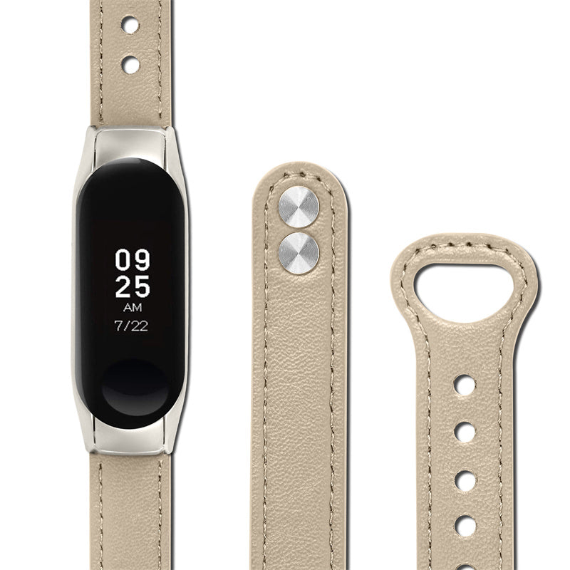 Top Layer Cowhide Strap for Xiaomi Mi Band 3 4 Double Rivet Design Wrist Band Replacement Black Watch Case