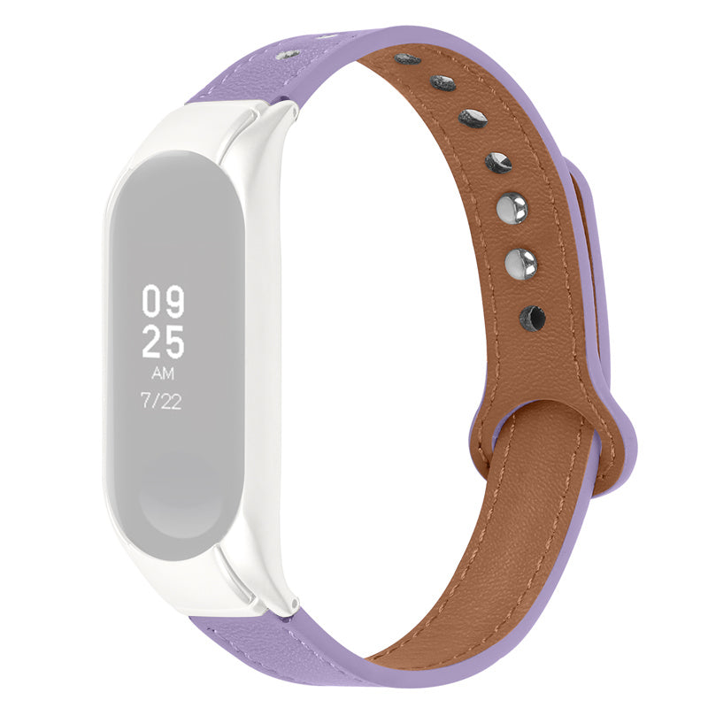 Top Layer Cowhide Strap for Xiaomi Mi Band 3 4 Double Rivet Design Wrist Band Replacement Black Watch Case