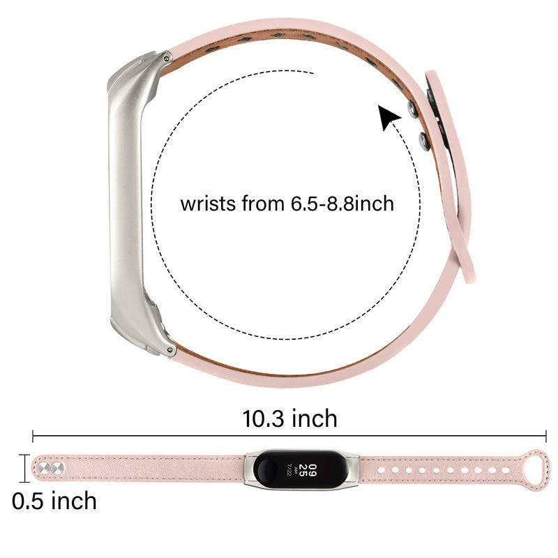 For Xiaomi Mi Band 5 6 Solid Color Top Layer Cowhide Wrist Strap Replacement Watchband with Double Rivet Black Watch Case