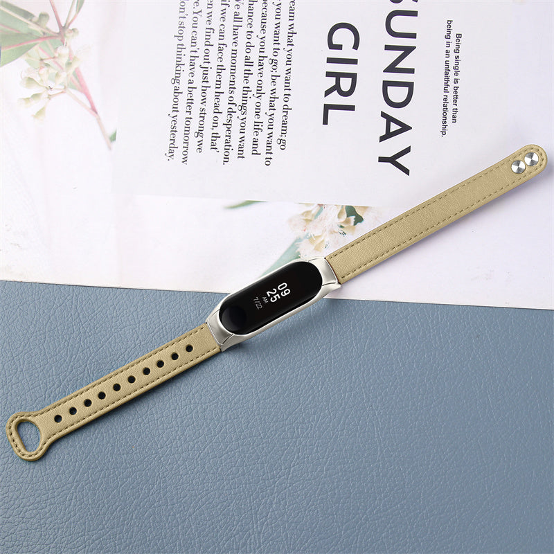 For Xiaomi Mi Band 5 6 Solid Color Top Layer Cowhide Wrist Strap Replacement Watchband with Double Rivet Black Watch Case