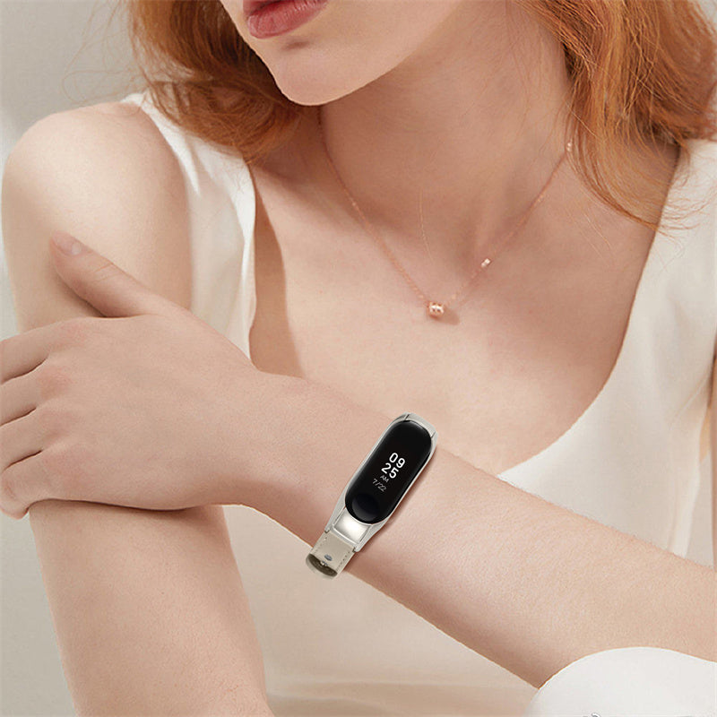 For Xiaomi Mi Band 5 6 Solid Color Top Layer Cowhide Wrist Strap Replacement Watchband with Double Rivet Black Watch Case