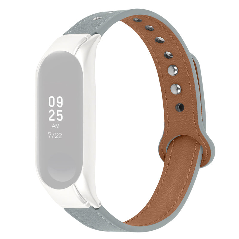 For Xiaomi Mi Band 5 6 Solid Color Top Layer Cowhide Wrist Strap Replacement Watchband with Double Rivet Black Watch Case