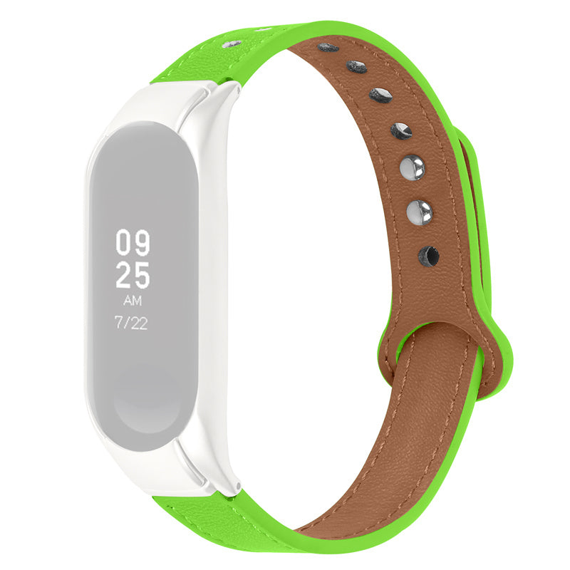 For Xiaomi Mi Band 5 6 Solid Color Top Layer Cowhide Wrist Strap Replacement Watchband with Double Rivet Black Watch Case