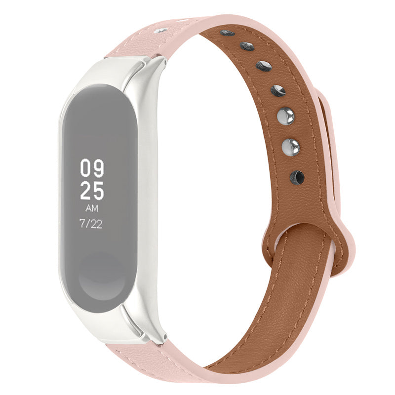 Adjustable Wrist Band for Xiaomi Mi Band 7 Top Layer Cowhide Replacement Strap with Double Rivet Black Watch Case
