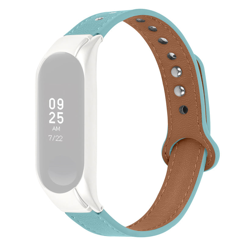 Adjustable Wrist Band for Xiaomi Mi Band 7 Top Layer Cowhide Replacement Strap with Double Rivet Black Watch Case