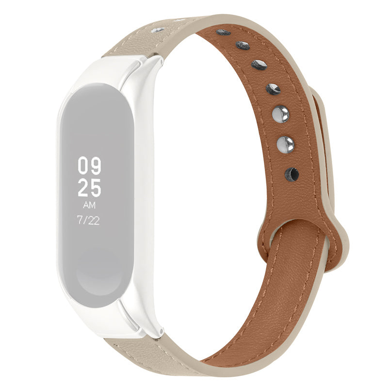 For Xiaomi Mi Band 3 4 Adjustable Wristband Double Rivet Design Replacement Top Layer Cowhide Strap Silver Watch Case