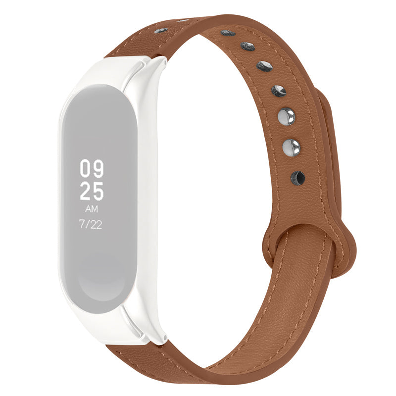 For Xiaomi Mi Band 3 4 Adjustable Wristband Double Rivet Design Replacement Top Layer Cowhide Strap Silver Watch Case