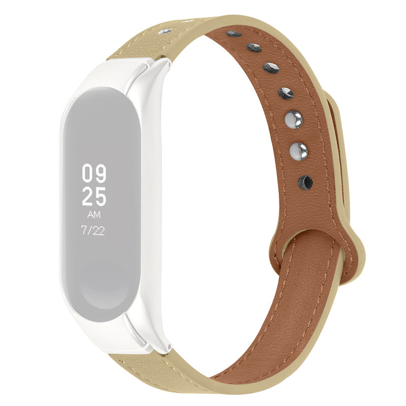 For Xiaomi Mi Band 5 6 Replacement Band with Double Rivet Smart Watch Top Layer Cowhide Strap Silver Watch Case