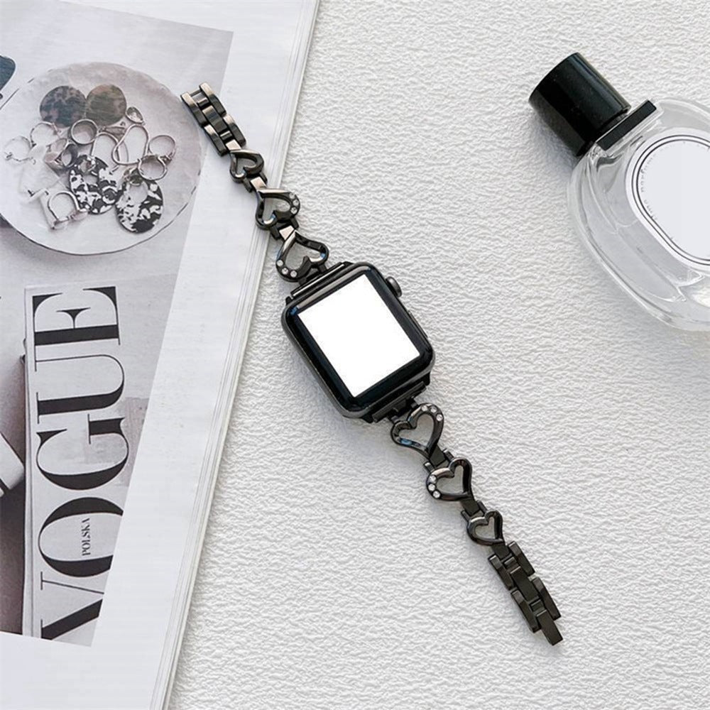 For Apple Watch Series 9 8 7 41mm 6 5 4 SE (2023) SE(2022) SE 40mm 3 2 1 38mm Metal Heart Rhinestone Decor Smart Watch Band Bracelet Wrist Strap