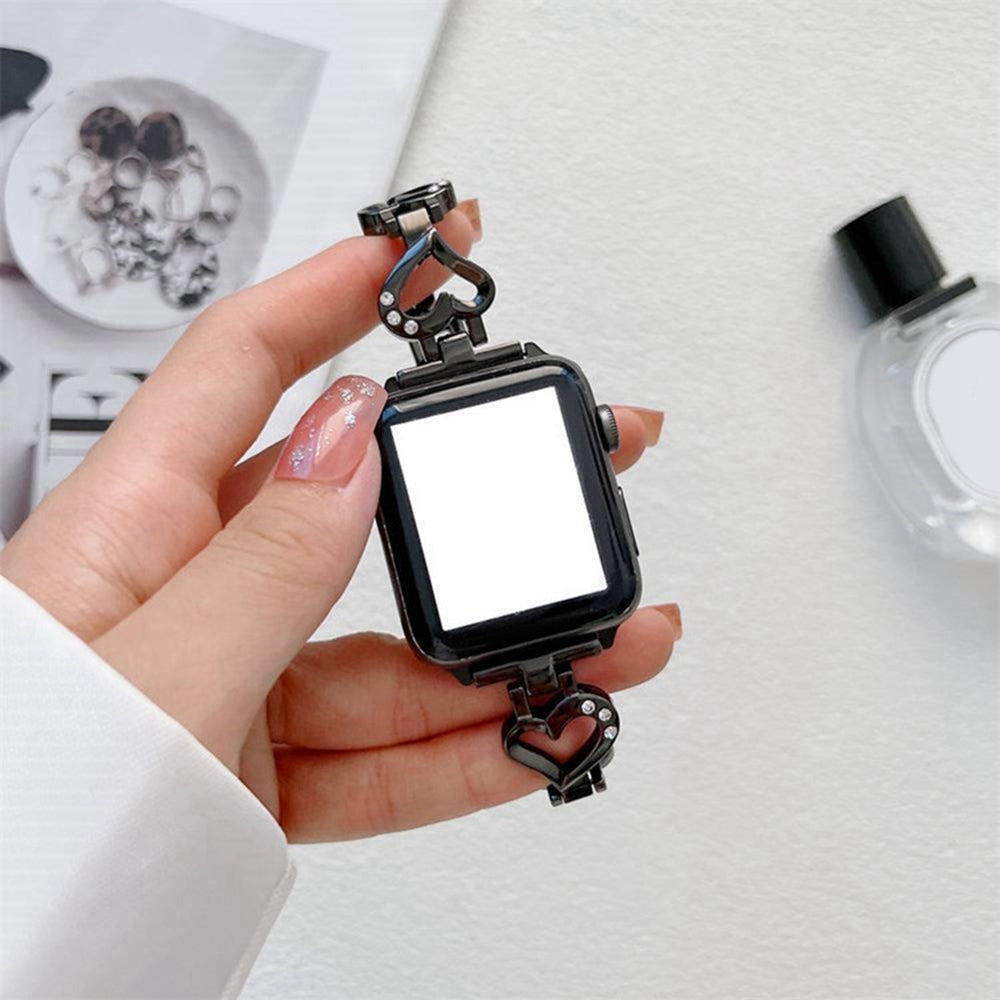 For Apple Watch Series 9 8 7 41mm 6 5 4 SE (2023) SE(2022) SE 40mm 3 2 1 38mm Metal Heart Rhinestone Decor Smart Watch Band Bracelet Wrist Strap