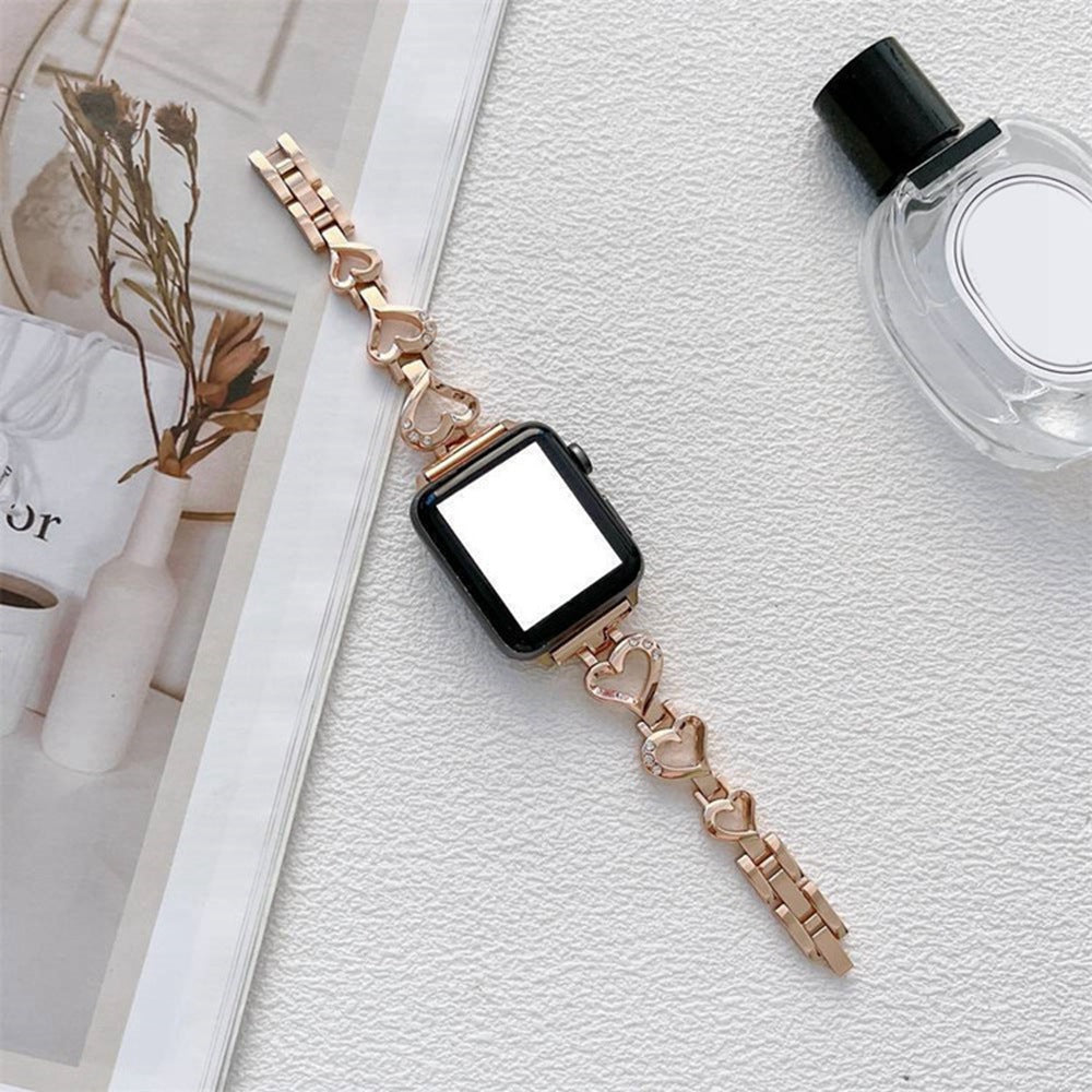 For Apple Watch Series 9 8 7 41mm 6 5 4 SE (2023) SE(2022) SE 40mm 3 2 1 38mm Metal Heart Rhinestone Decor Smart Watch Band Bracelet Wrist Strap