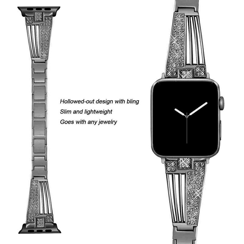 For Apple Watch Series 9 8 7 41mm 6 5 4 SE (2023) SE (2022) SE 40mm 3 2 1 38mm Metal Rhinestone Decor Lightweight Smart Watch Band Hollow-out Wrist Strap