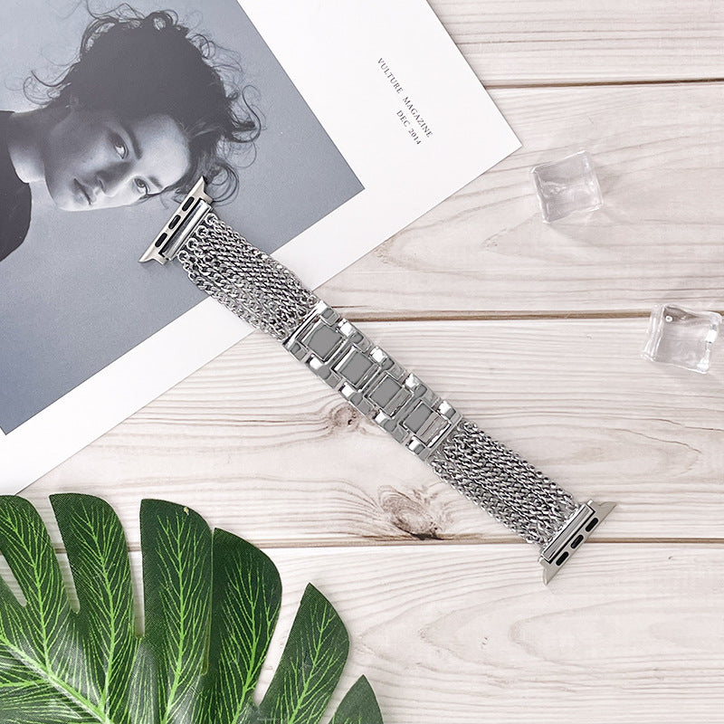 For Apple Watch Ultra 2 49mm Series 9 45mm SE (2023) 44mm Ultra 49mm 8 7 45mm 6 5 4 SE (2022) SE 44mm 3 2 1 42mm Multiple Chains Stainless Steel Watch Band Replacement Hollow-out Wrist Strap