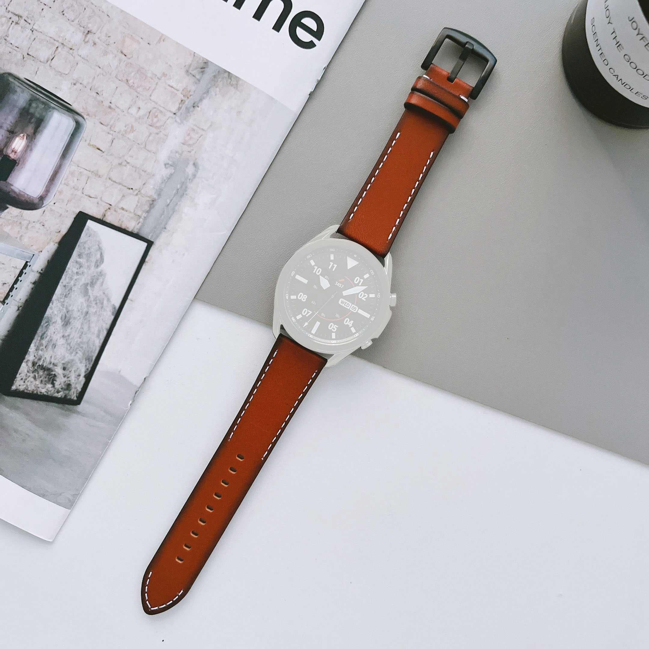 For Samsung Galaxy Watch 5 Pro 45mm Watch4 Classic 42mm 46mm V-shape Tail Retro Stitching Lines Genuine Leather Watch Strap 20mm Universal Replacement Wrist Band