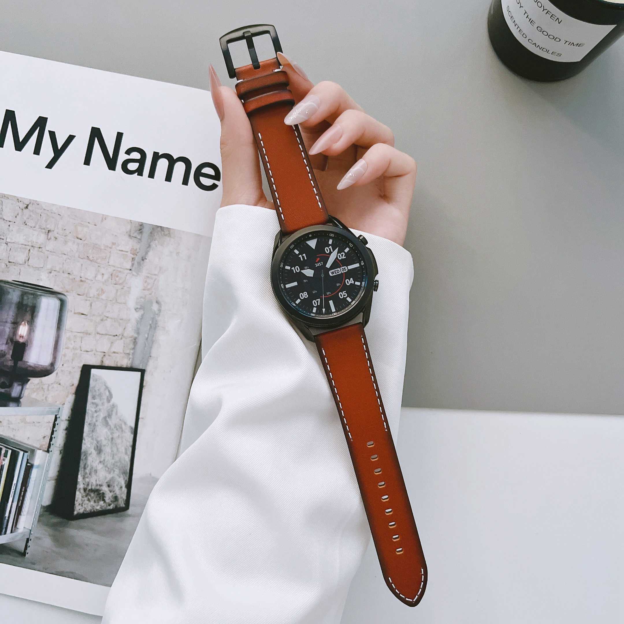For Samsung Galaxy Watch 5 Pro 45mm Watch4 Classic 42mm 46mm V-shape Tail Retro Stitching Lines Genuine Leather Watch Strap 20mm Universal Replacement Wrist Band