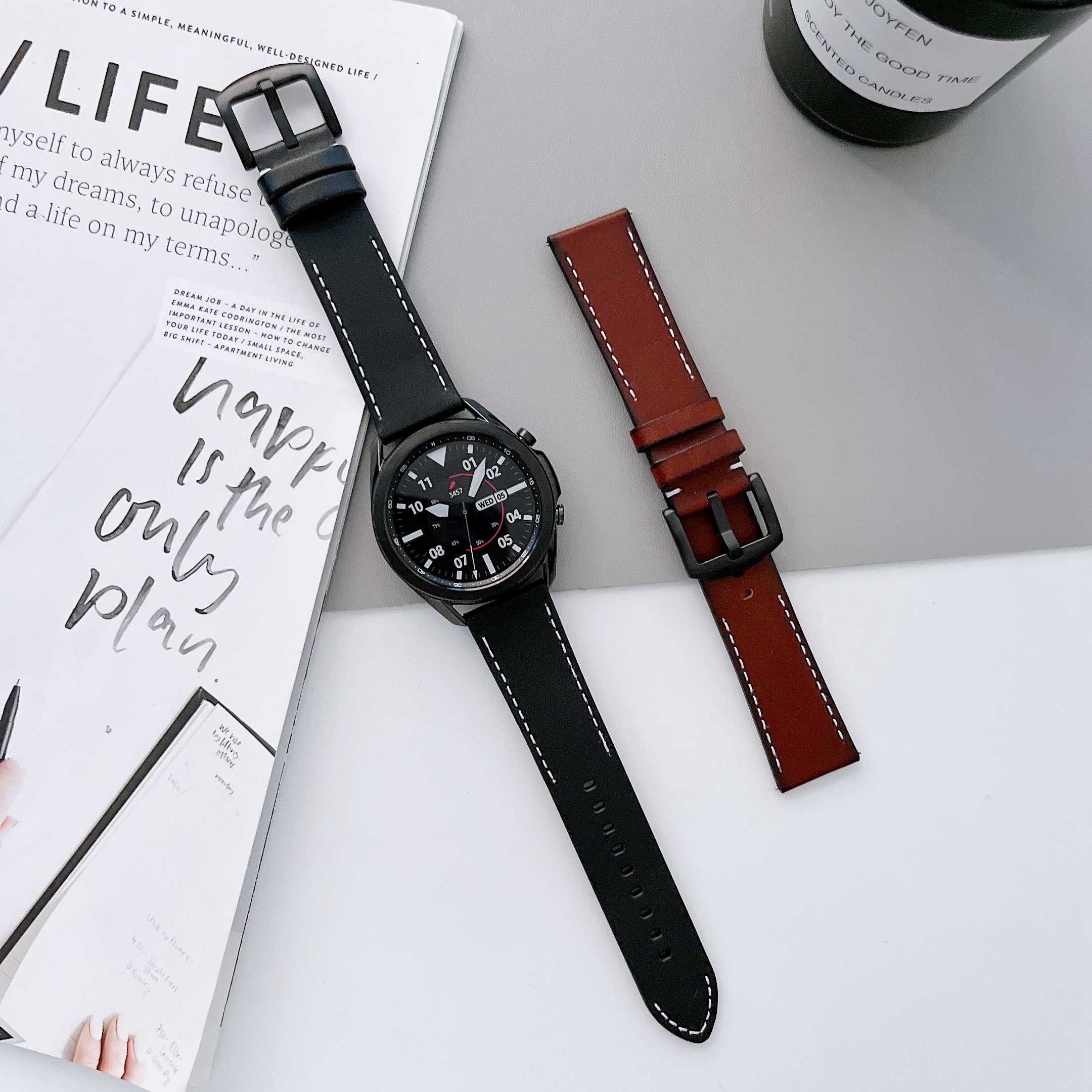 For Samsung Galaxy Watch 5 Pro 45mm Watch4 Classic 42mm 46mm V-shape Tail Retro Stitching Lines Genuine Leather Watch Strap 20mm Universal Replacement Wrist Band