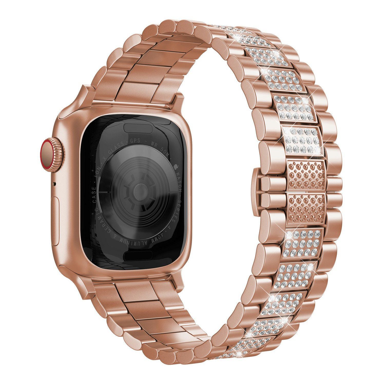 For Apple Watch Ultra 49mm Series 8 45mm 7 45mm SE SE (2022) 44mm Series 6 5 4 44mm Series 3 2 1 42mm Three Beads Metal Watch Band Bling Rhinestone Decor Bracelet