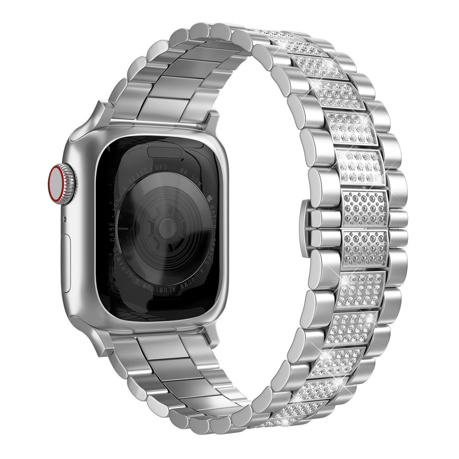 For Apple Watch Ultra 49mm Series 8 45mm 7 45mm SE SE (2022) 44mm Series 6 5 4 44mm Series 3 2 1 42mm Three Beads Metal Watch Band Bling Rhinestone Decor Bracelet
