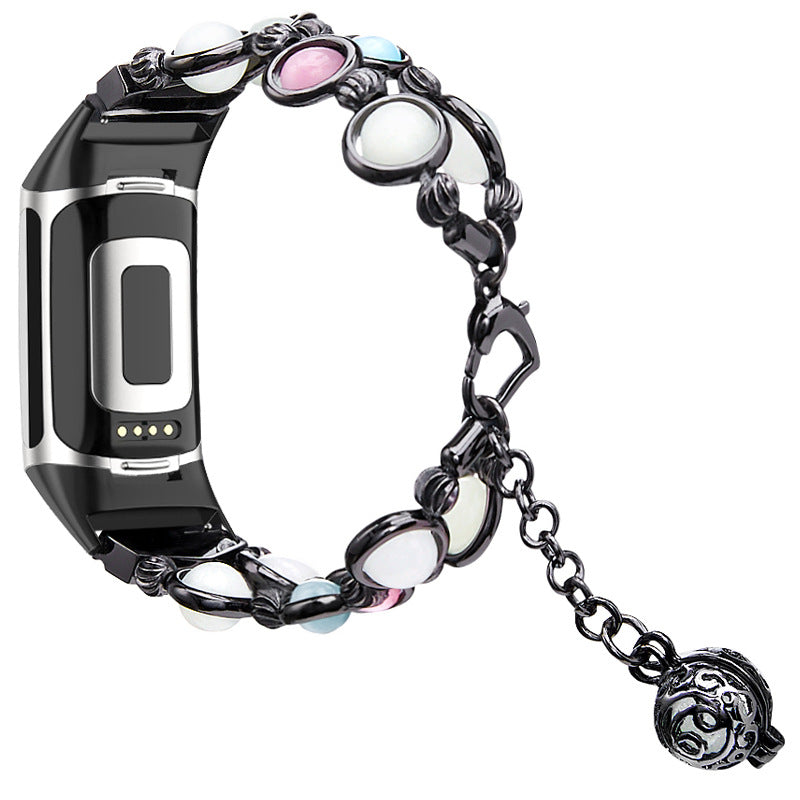 For Fitbit Charge 3 4 Beads Decor Metal Watch Strap Noctilucent Luminous Wrist Band Bracelet Replacement