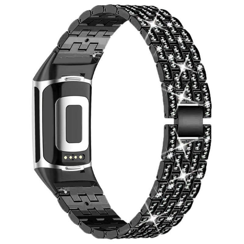 For Fitbit Charge 6 5 Shiny Rhinestones Decor Metal Strap Replacement Smart Watch Band