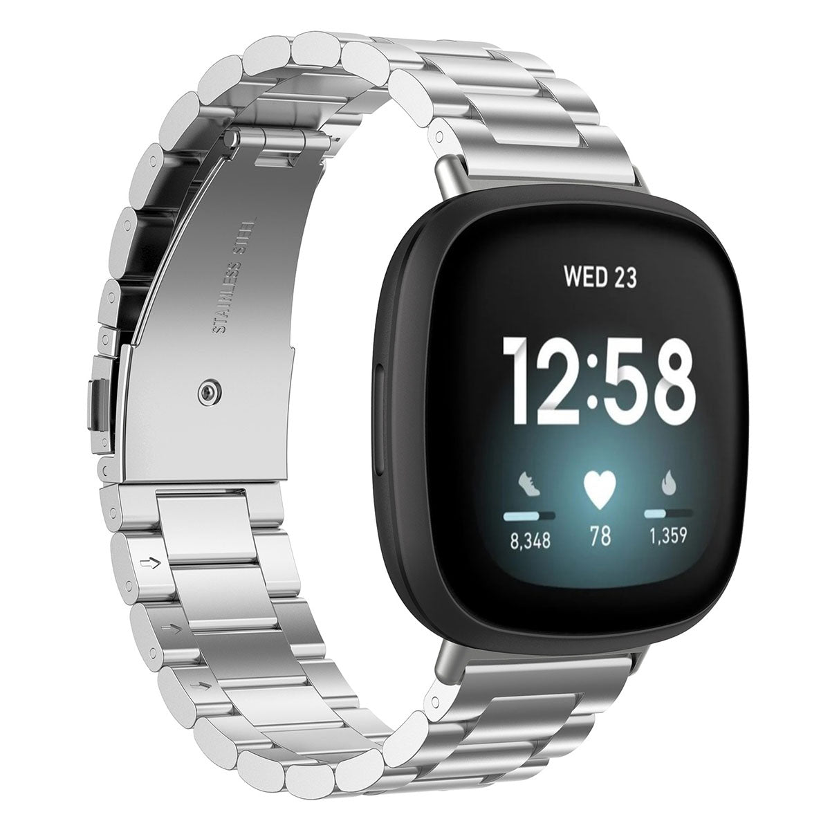 For Fitbit Versa 4 Sense 2 Three Beads Smart Watch Band Folding Buckle Metal Wrist Strap Replacement