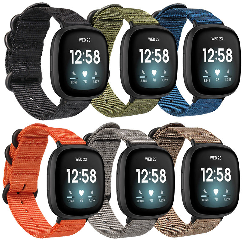 For Fitbit Versa 4 Sense 2 Three Loops Nylon Watch Band Adjustable Wrist Strap with Black Buckle