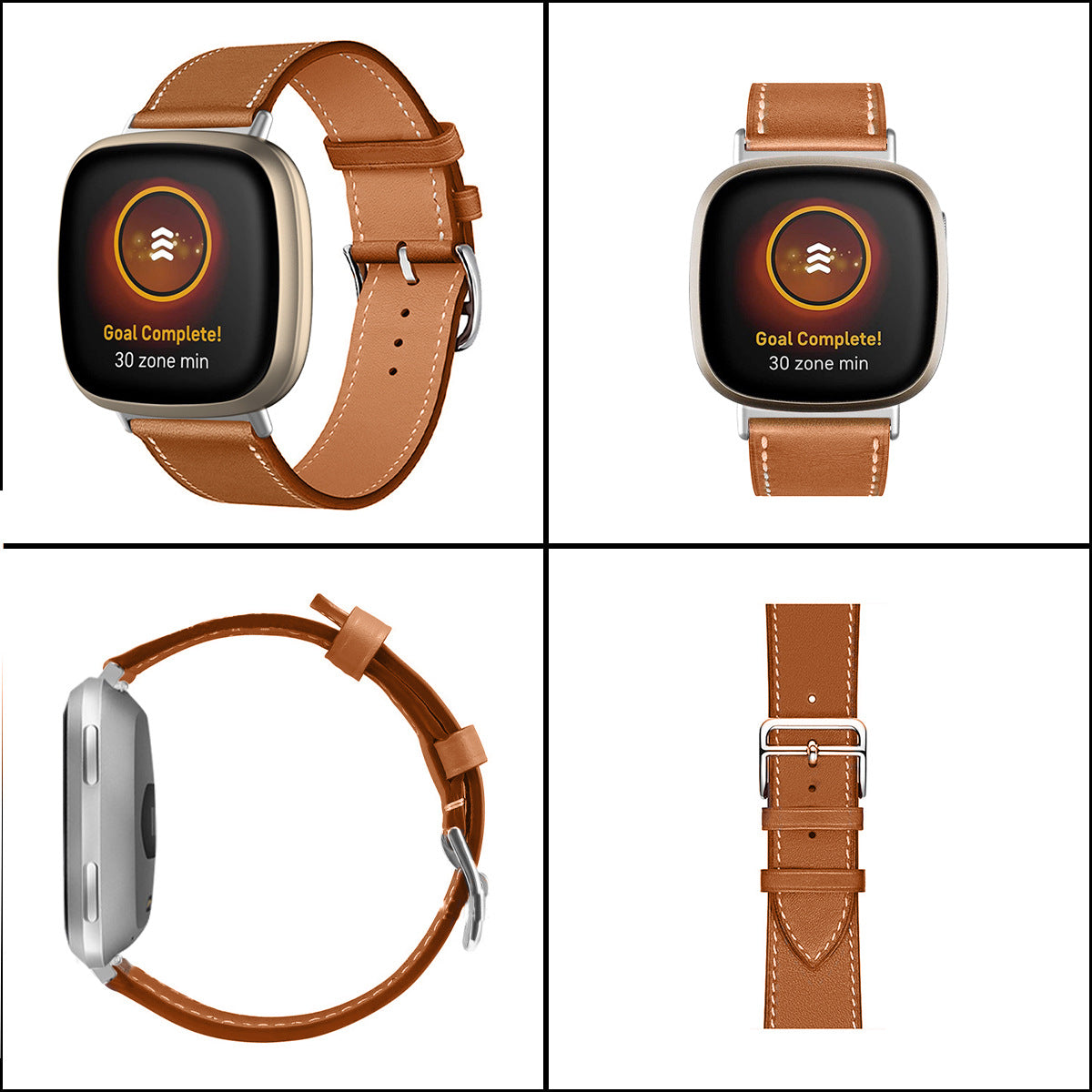 For Fitbit Versa 4 Sense 2 Watch Band with Stitching Genuine Leather Wristband Replacement Watch Strap