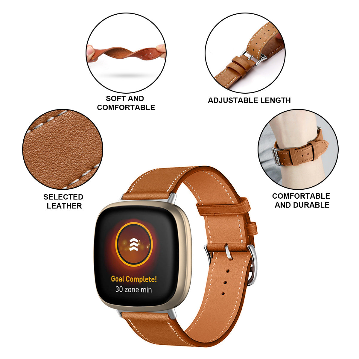 For Fitbit Versa 4 Sense 2 Watch Band with Stitching Genuine Leather Wristband Replacement Watch Strap